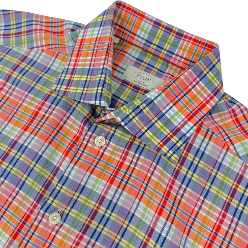 Eton Men's Contemporary Fit Multi-Color Madras Plaid Dress Shirt 42 Neck 16.5